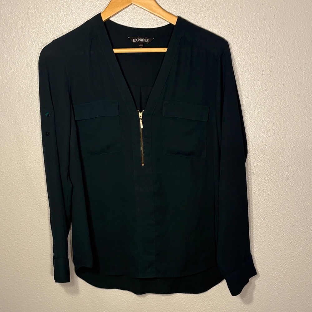 Express Women's Dark Green V-Neck Blouse